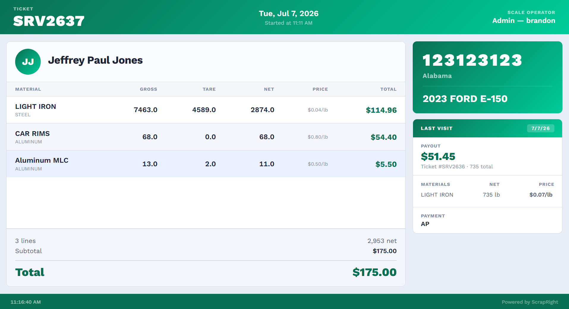 ScrapRight redesigned Customer Display showing a live ticket build
